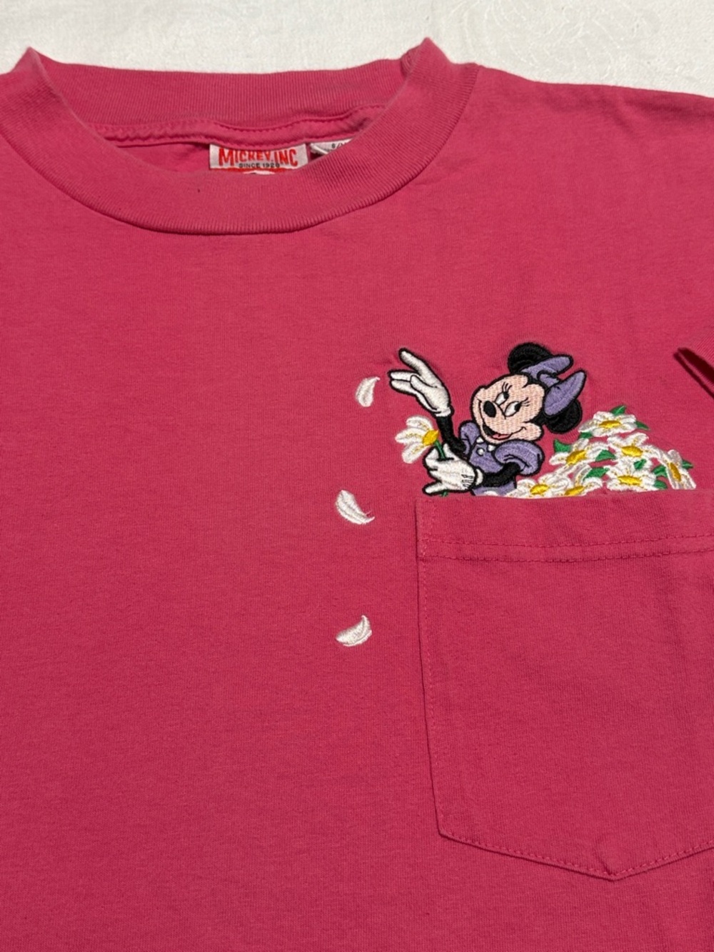 Women's Short-Sleeve Minnie Mouse Embroidered Pocket Tee - Pink